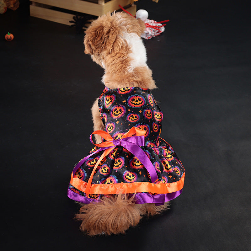HKM-0435133 Halloween Double-layer Pet Skirt in Colorful Pumpkin and Skull Designs