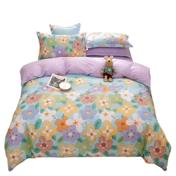 HKM-043603 Cotton Four-Piece Comforter Set with Modern Print Design, Includes Quilt Cover and Sheet
