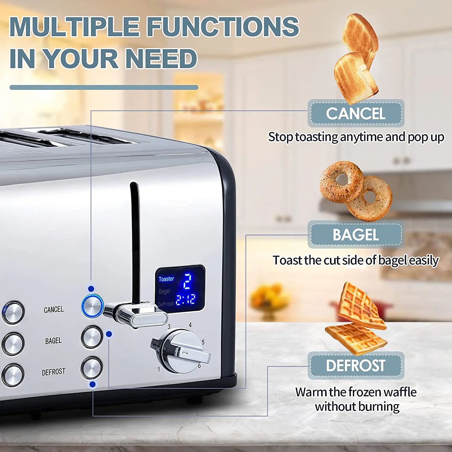 HKM-043667 Digital LED Display 4-Slice Stainless Steel Toaster with Smart Features