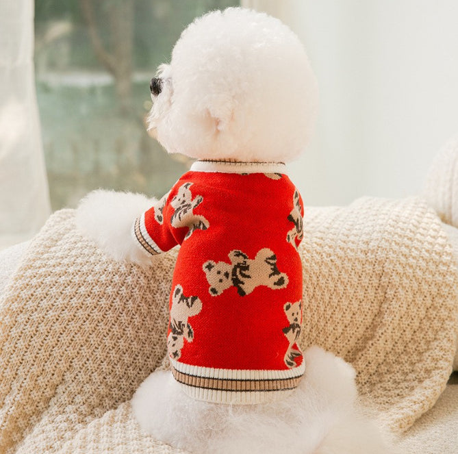 HKM-0440509 Preppy V-Neck Striped Pet Sweater for Dogs and Cats - Winter Warm Apparel with Leash Hole