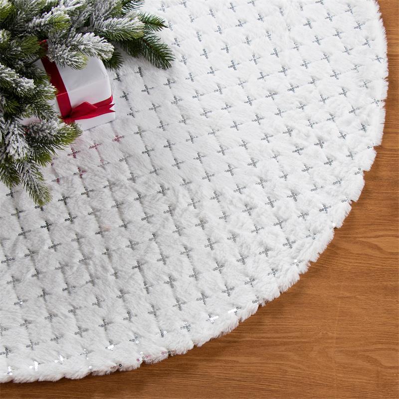 HKM-044051 Elegant White Christmas Tree Skirt with Sequins and Diamond Plaid Design, 48 inches