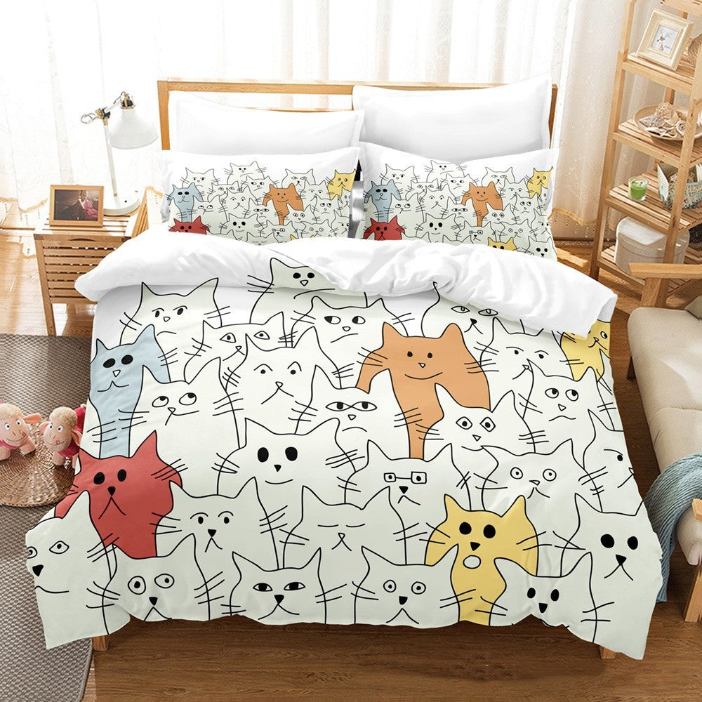 HKM-044243 Cat Character Three-Piece Bedding Set in Multiple Sizes with Duvet Cover and Pillowcases