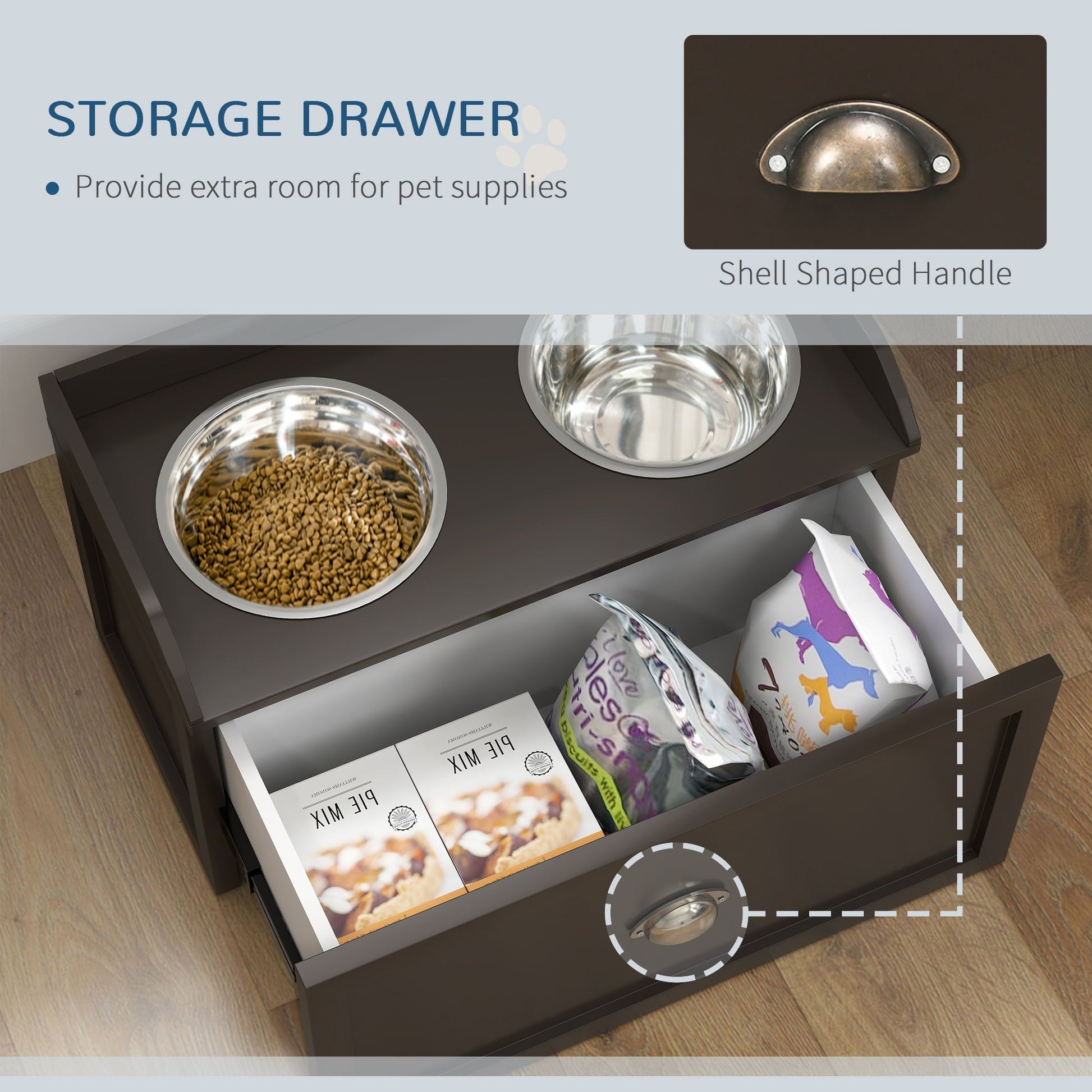 HKM-0442685 Elevated Dog Feeding Station with Storage & Stainless Steel Bowls for Large Dogs - Coffee Finish