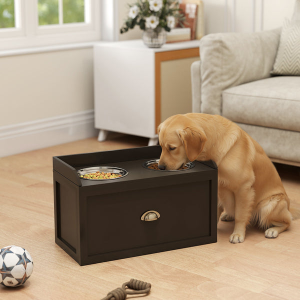 HKM-0442685 Elevated Dog Feeding Station with Storage & Stainless Steel Bowls for Large Dogs - Coffee Finish