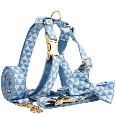 HKM-0443965 Blue Triangular Bow Vest and Leash Set for Dogs - Four-Piece Clothing Ensemble