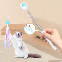 HKM-0445757 Retractable Cat Teaser Wand with Replaceable Feather and Tassel Heads for Indoor Play
