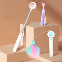 HKM-0445757 Retractable Cat Teaser Wand with Replaceable Feather and Tassel Heads for Indoor Play