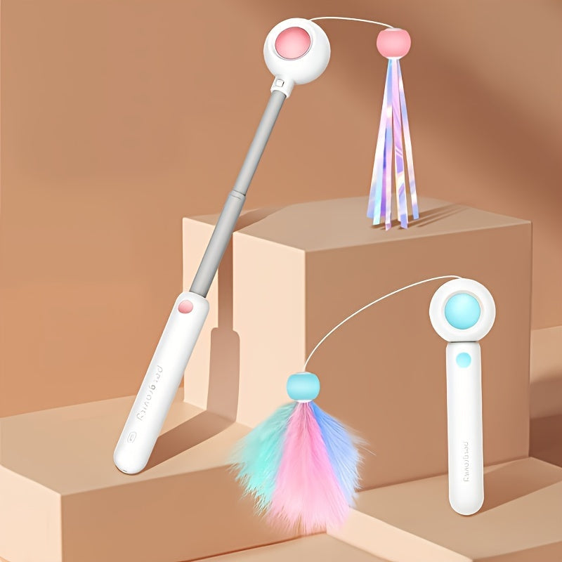 HKM-0445757 Retractable Cat Teaser Wand with Replaceable Feather and Tassel Heads for Indoor Play