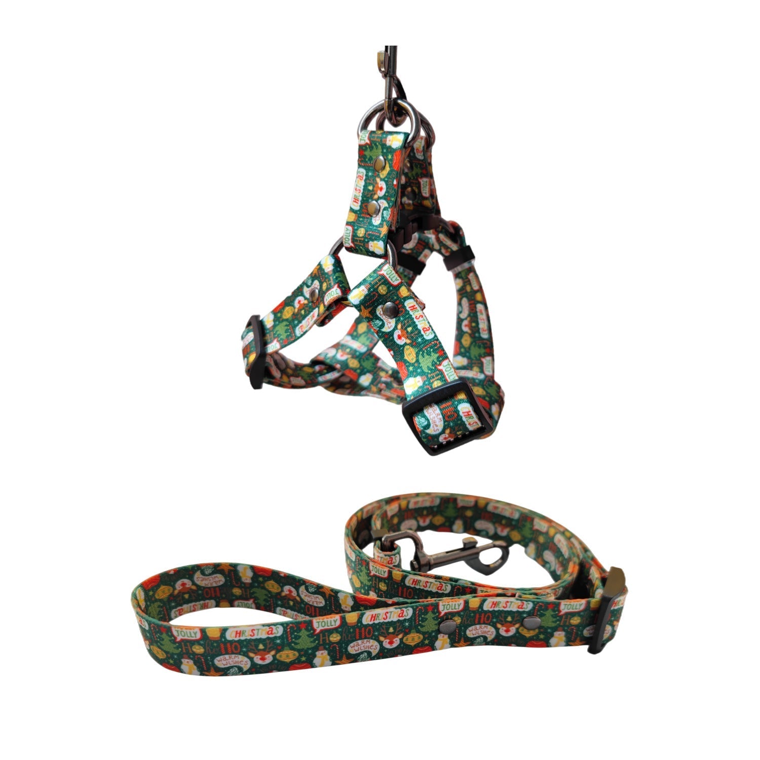 HKM-0447549 Christmas Themed Dog Leash and Harness Set in Red and Green