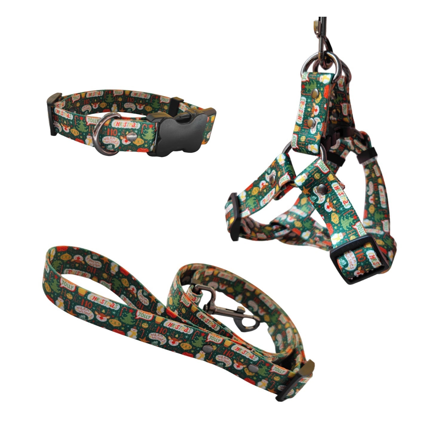 HKM-0447549 Christmas Themed Dog Leash and Harness Set in Red and Green