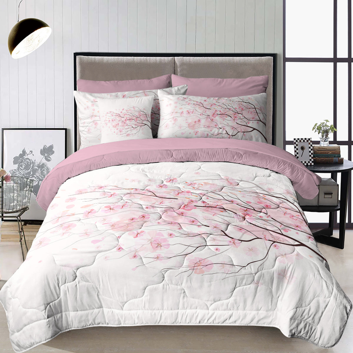 HKM-045075 Cherry Blossom Twin Size 8-Piece Microfiber Comforter Set with Pillow Cover, Sheets, and Cushion Covers