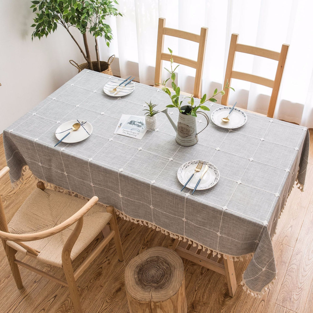 HKM-045139 Floral Jacquard Tablecloth - Large Square Cotton and Linen Blend, Modern Rectangle Design