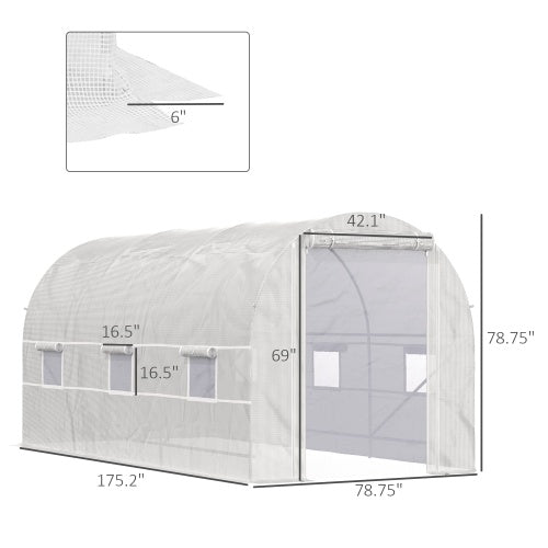 HKM-0451901 Large Walk-In Tunnel Greenhouse with 6 Roll-Up Windows and Door, Steel Frame, White, 15' x 7' x 7'