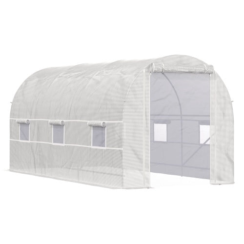 HKM-0451901 Large Walk-In Tunnel Greenhouse with 6 Roll-Up Windows and Door, Steel Frame, White, 15' x 7' x 7'