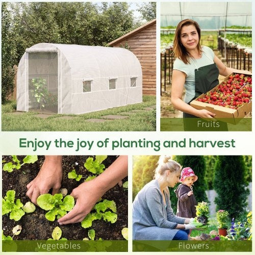 HKM-0451901 Large Walk-In Tunnel Greenhouse with 6 Roll-Up Windows and Door, Steel Frame, White, 15' x 7' x 7'