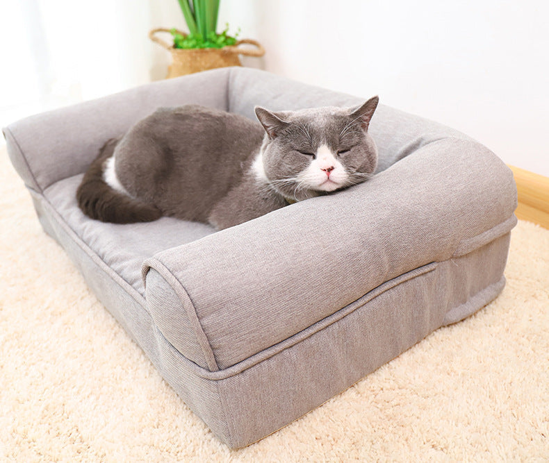 HKM-0452285 Removable and Washable Cat Sofa Nest in Gray - Linen Fabric Pet Bed for Cats Under 25kg