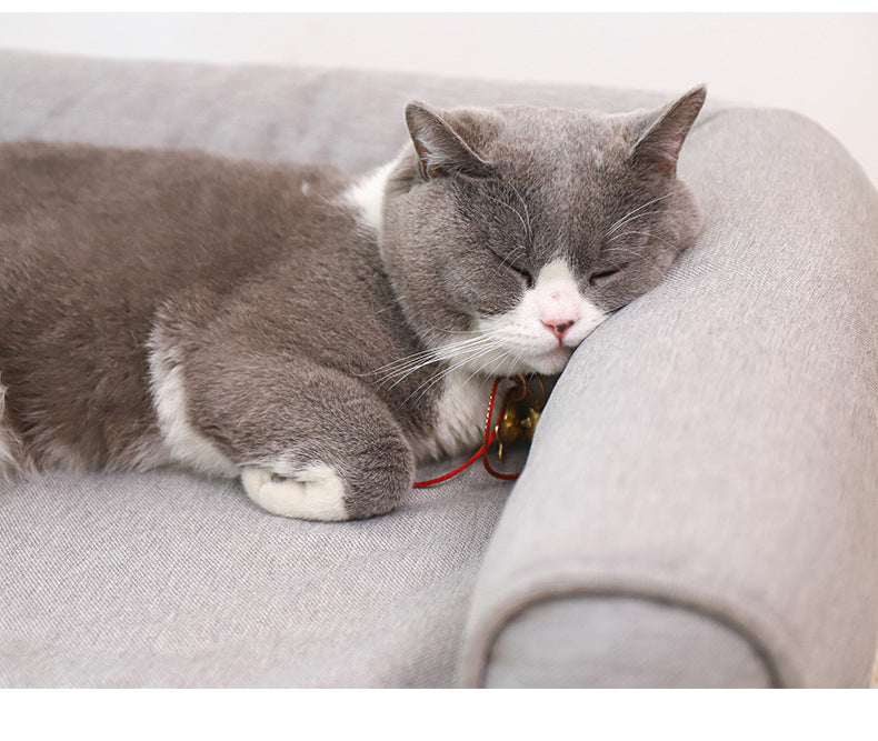 HKM-0452285 Removable and Washable Cat Sofa Nest in Gray - Linen Fabric Pet Bed for Cats Under 25kg