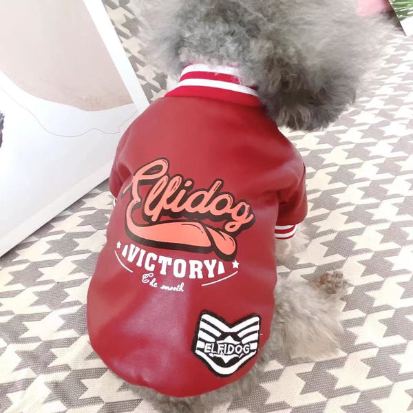 HKM-0452669 Cozy Red and Black Cotton-Padded PU Leather Jacket for Small Dogs