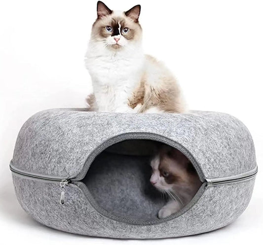 HKM-045587 Detachable and Washable Felt Cat Tunnel Bed - Cozy Donut Nest for Cats