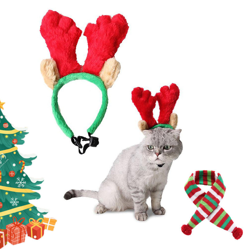 HKM-0456381 Christmas Velvet Headgear and Scarf Set for Pets ¨C Adjustable Size for Dogs and Cats in Red and Green