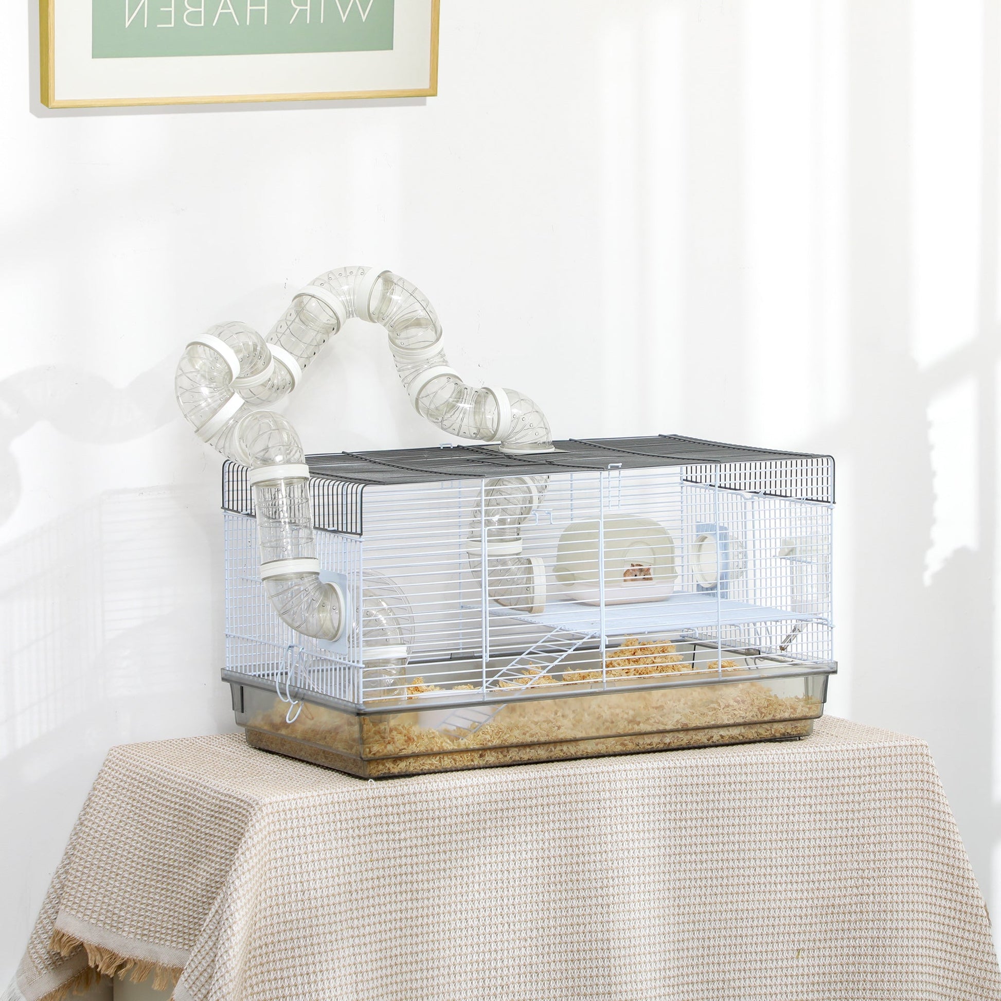 HKM-0457661 Small Animal Cage for Gerbil or Dwarf Hamster with Tubes, Wheel, Dish, and Water Bottle - 23" x 13" x 12" - Gray