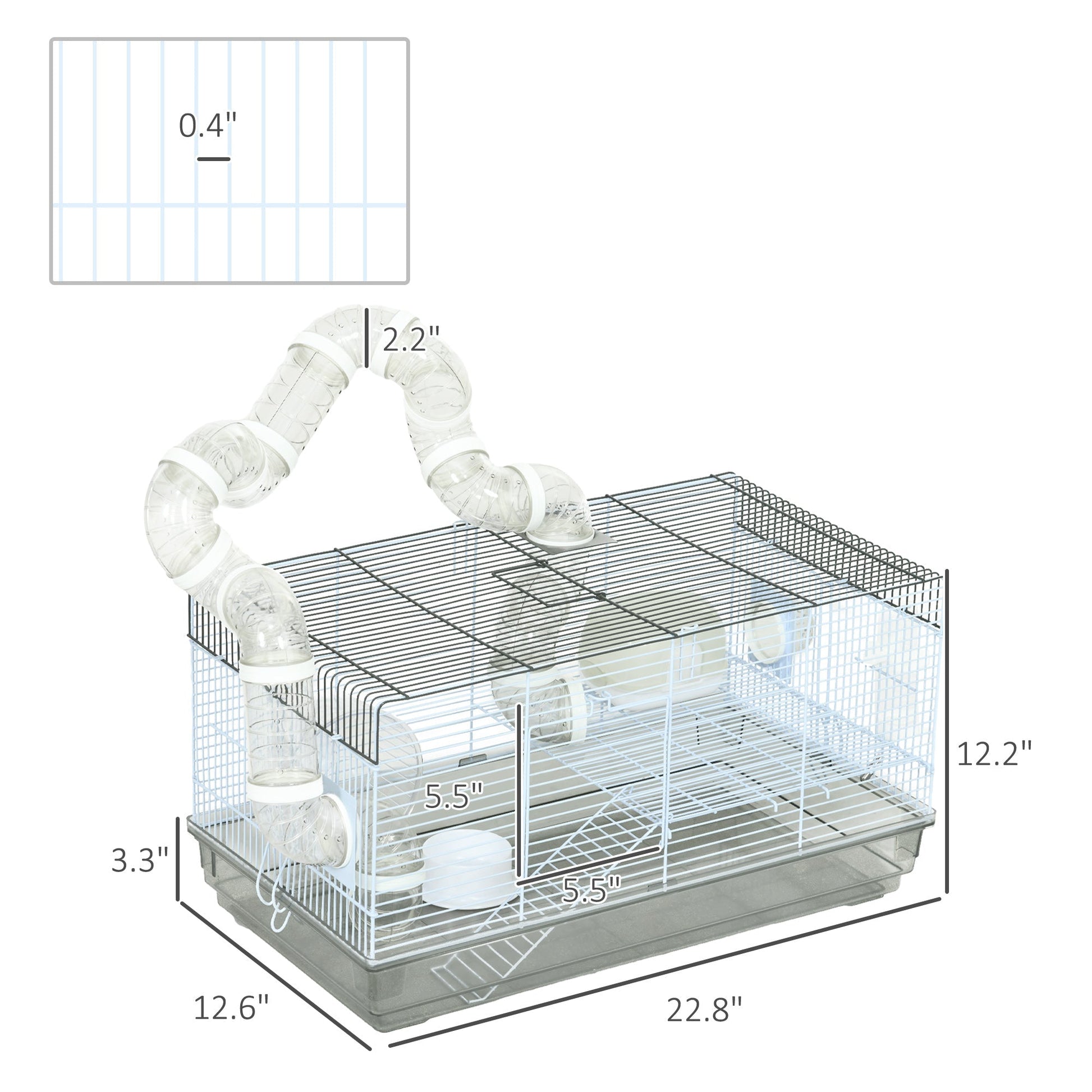 HKM-0457661 Small Animal Cage for Gerbil or Dwarf Hamster with Tubes, Wheel, Dish, and Water Bottle - 23" x 13" x 12" - Gray