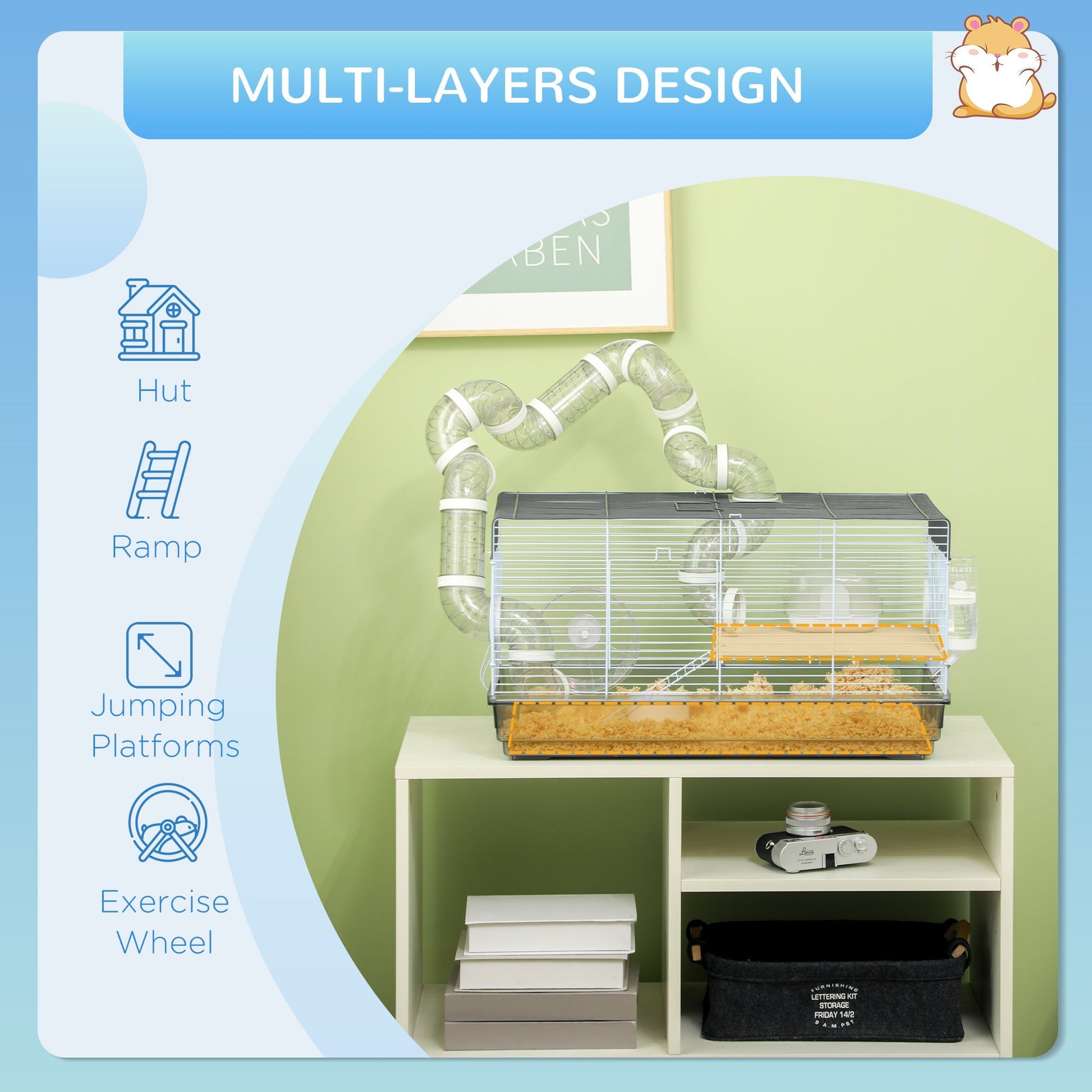 HKM-0457661 Small Animal Cage for Gerbil or Dwarf Hamster with Tubes, Wheel, Dish, and Water Bottle - 23" x 13" x 12" - Gray
