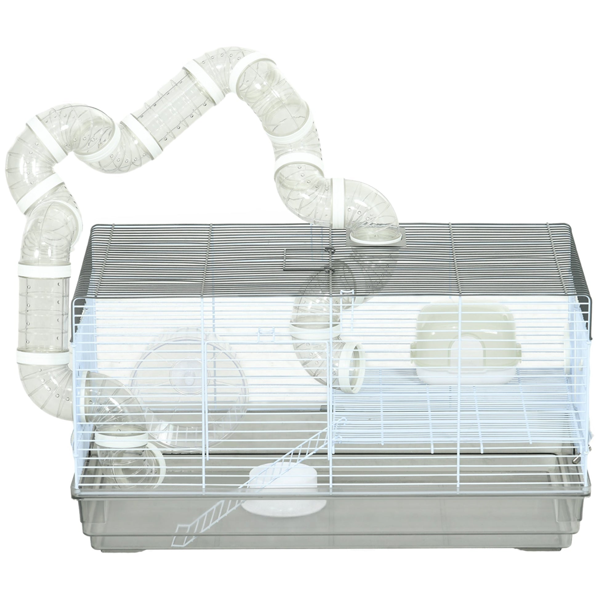 HKM-0457661 Small Animal Cage for Gerbil or Dwarf Hamster with Tubes, Wheel, Dish, and Water Bottle - 23" x 13" x 12" - Gray