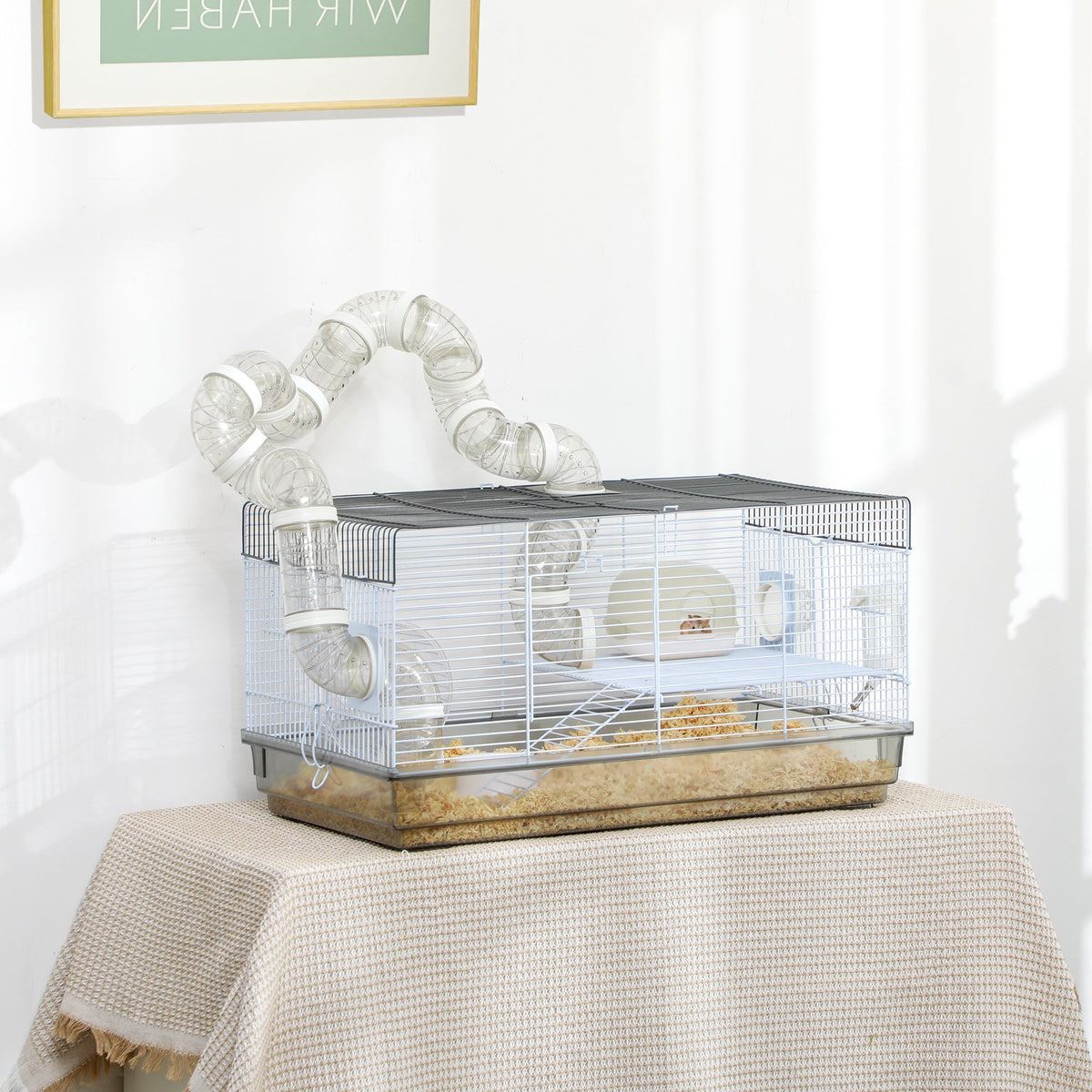 HKM-0457661 Small Animal Cage for Gerbil or Dwarf Hamster with Tubes, Wheel, Dish, and Water Bottle - 23" x 13" x 12" - Gray