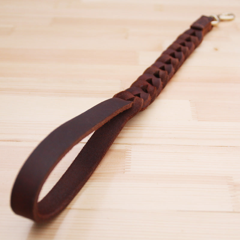 HKM-0457789 Braided Real Leather Short Dog Leash for Medium to Large Dogs - 50CM Traction Belt