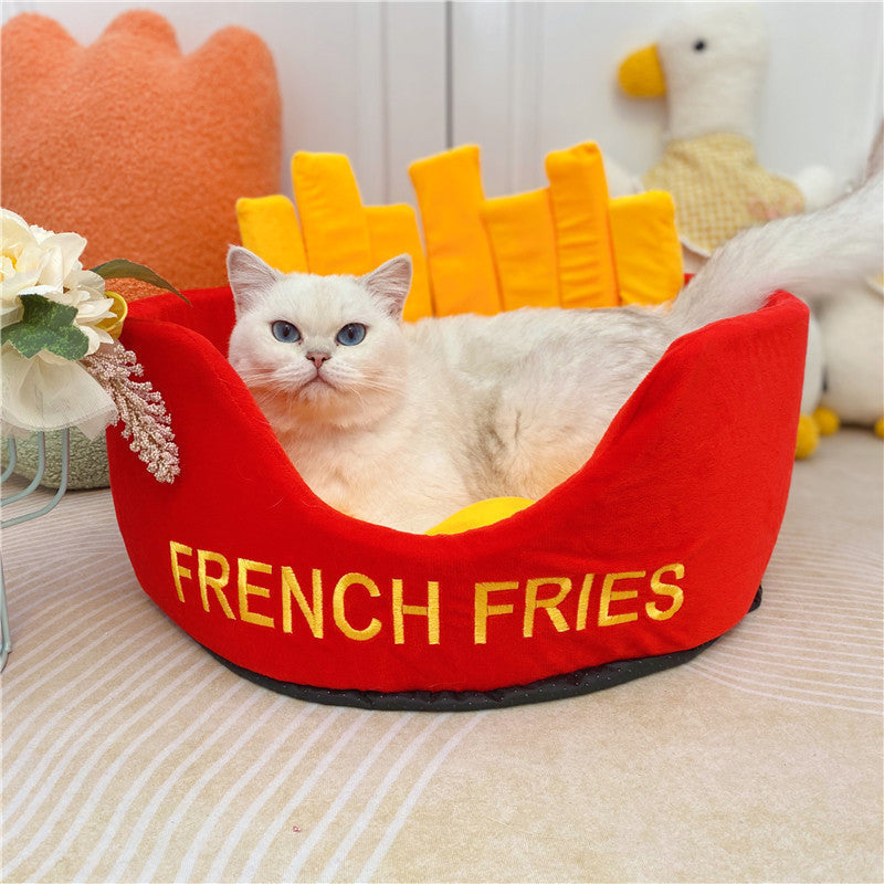 HKM-0458045 Cozy Cotton Burger and Fries Enclosed Pet Nest for Cats