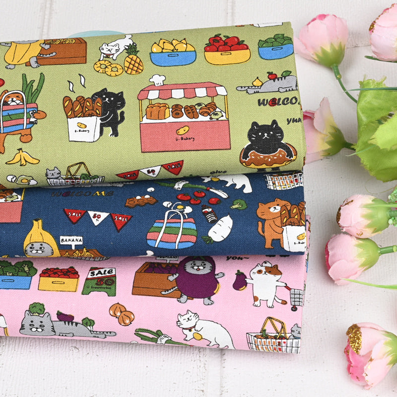 HKM-045907 Thick Cotton Cute Cat Print Fabric for Handmade DIY Projects - 100% Cotton, 110cm Wide
