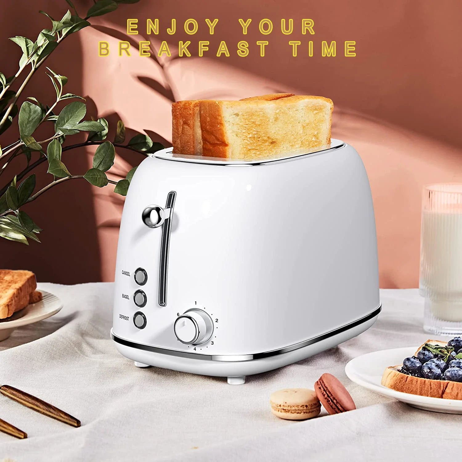 HKM-045971 Stainless Steel Retro 2-Slice Toaster with Defrost and Reheat Functions
