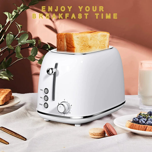 HKM-045971 Stainless Steel Retro 2-Slice Toaster with Defrost and Reheat Functions