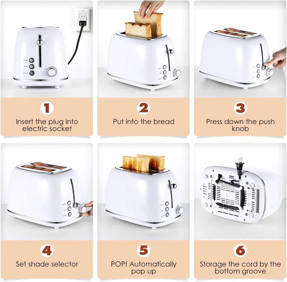 HKM-045971 Stainless Steel Retro 2-Slice Toaster with Defrost and Reheat Functions