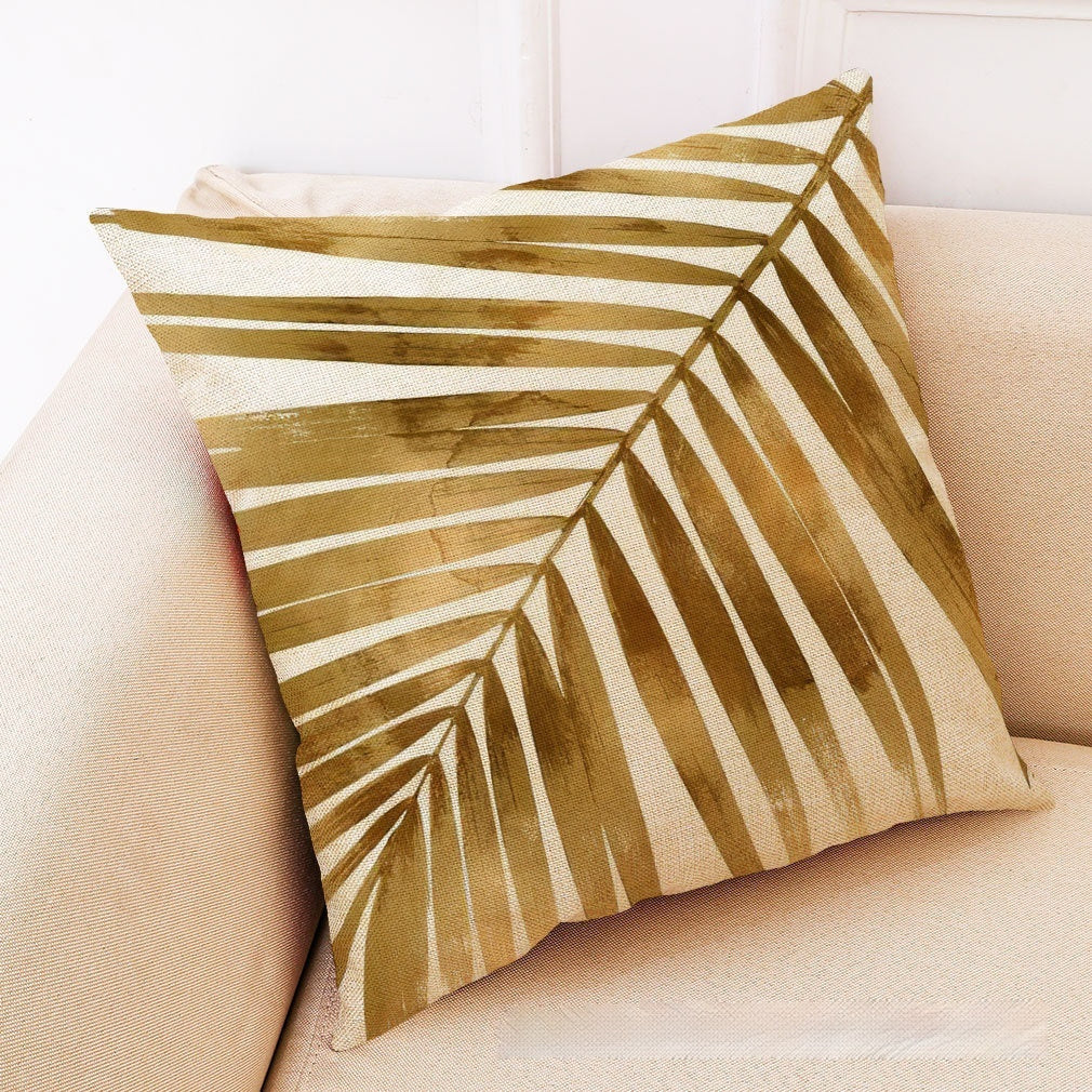 HKM-046035 Golden Leaves Cotton and Linen Cushion Cover - Modern Design, 45x45cm