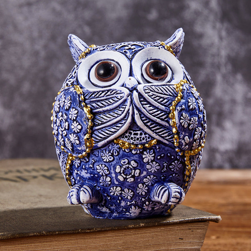 HKM-046163 Blue and White Porcelain Owl Decorative Ornaments - Set of 3 Resin Crafts
