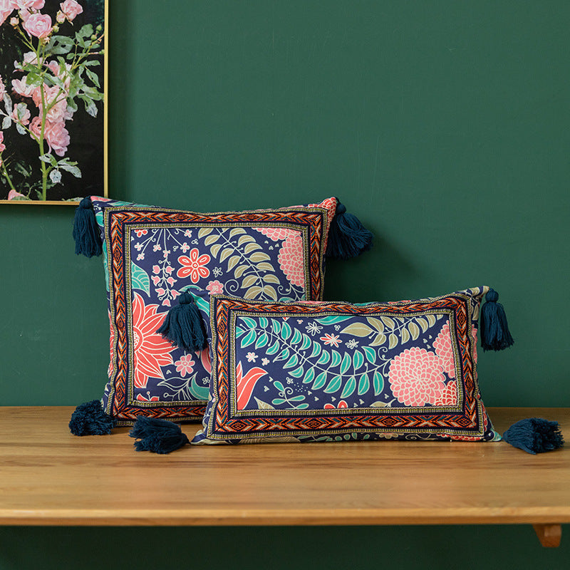 HKM-046291 Ethnic Style Cotton Fringed Waist Pillowcase with Floral Pattern