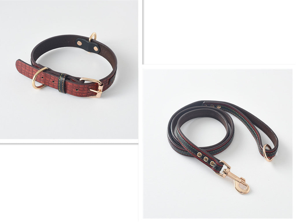 HKM-0469309 Durable PU Dog Leash and Collar Combo in Black, Red, Yellow, and Coffee