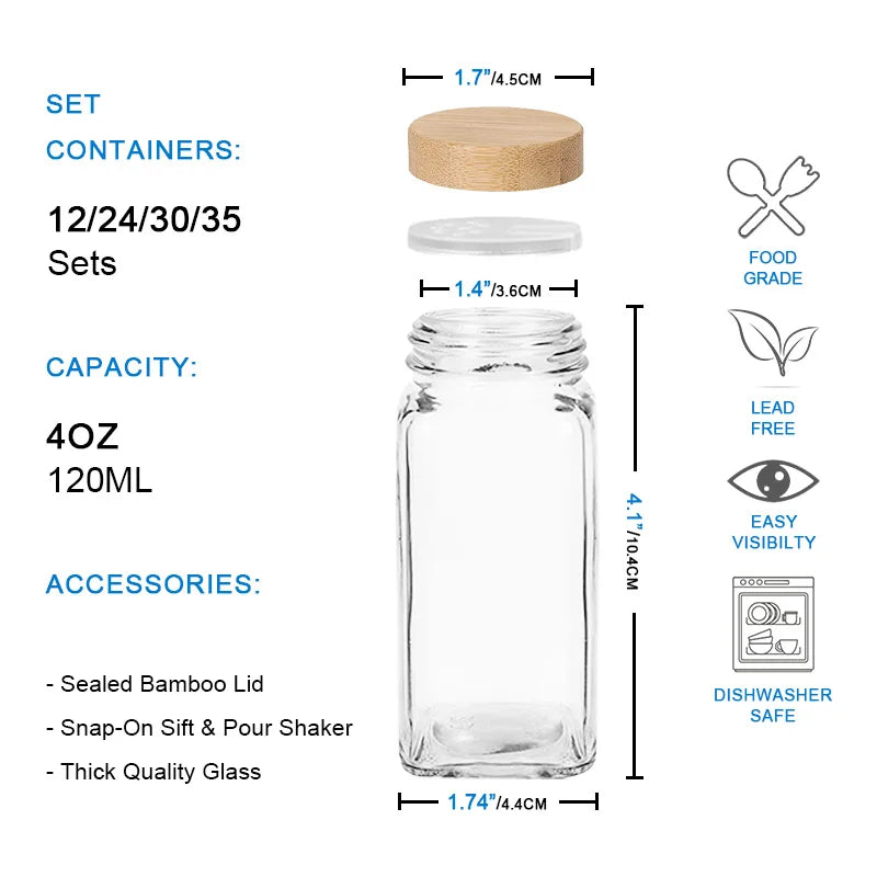 HKM-046931 Eco-Friendly 120ml Glass Spice Jars with Bamboo Lids and Labels - Set of 24