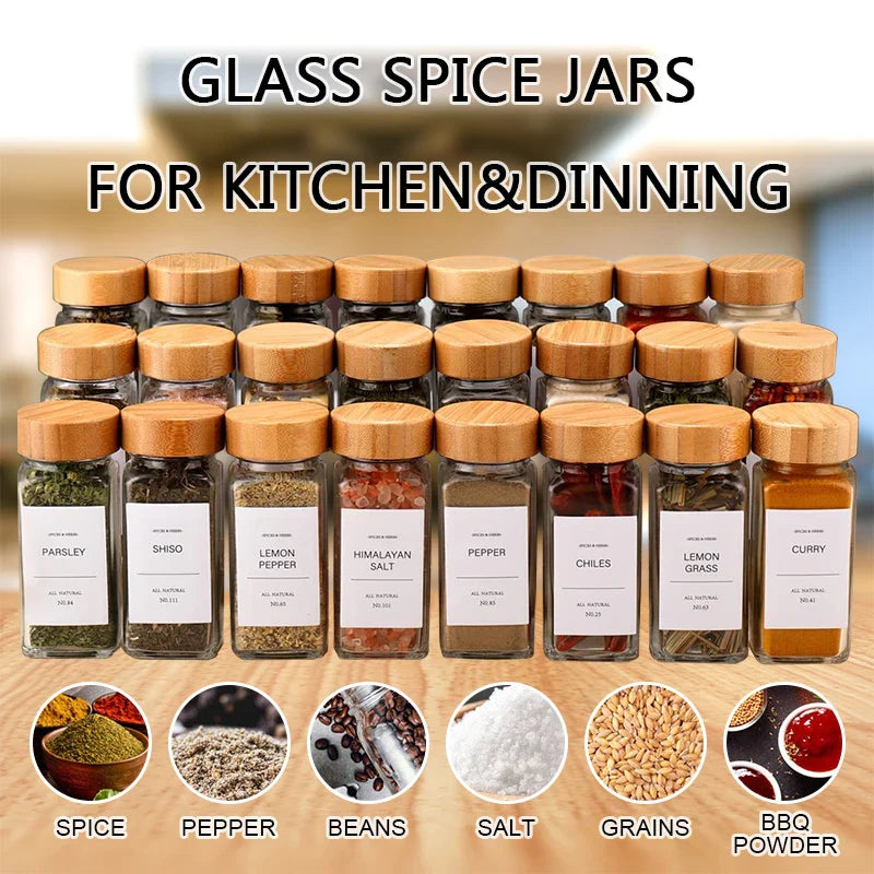HKM-046931 Eco-Friendly 120ml Glass Spice Jars with Bamboo Lids and Labels - Set of 24