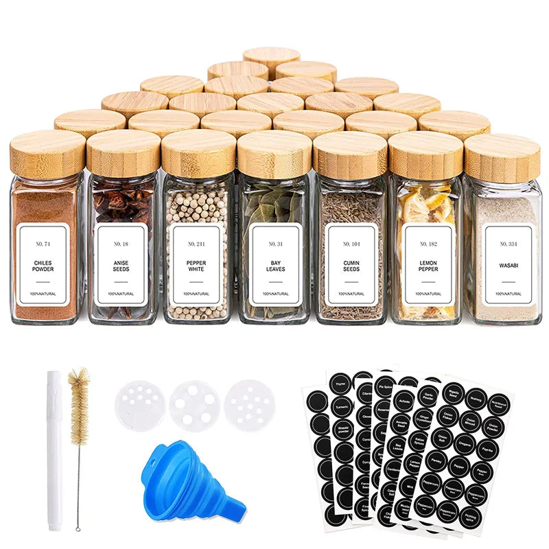 HKM-046931 Eco-Friendly 120ml Glass Spice Jars with Bamboo Lids and Labels - Set of 24