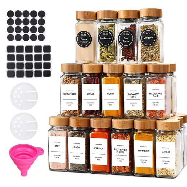 HKM-046931 Eco-Friendly 120ml Glass Spice Jars with Bamboo Lids and Labels - Set of 24