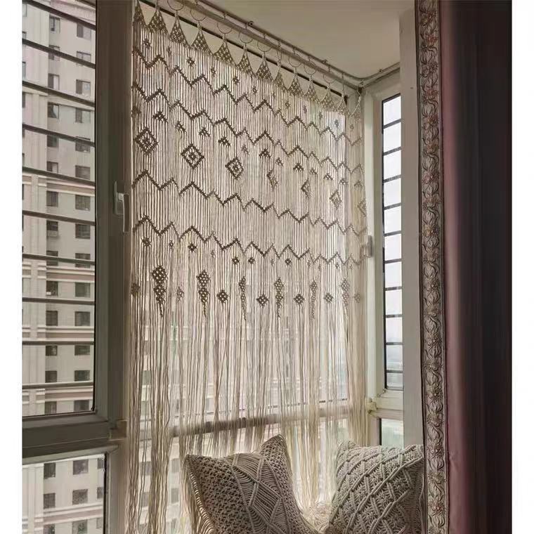 HKM-046931 Hand Woven Bohemian Hoop Door Curtain - Nordic Style Cotton Tapestry, Original White Beige, 85x200 cm