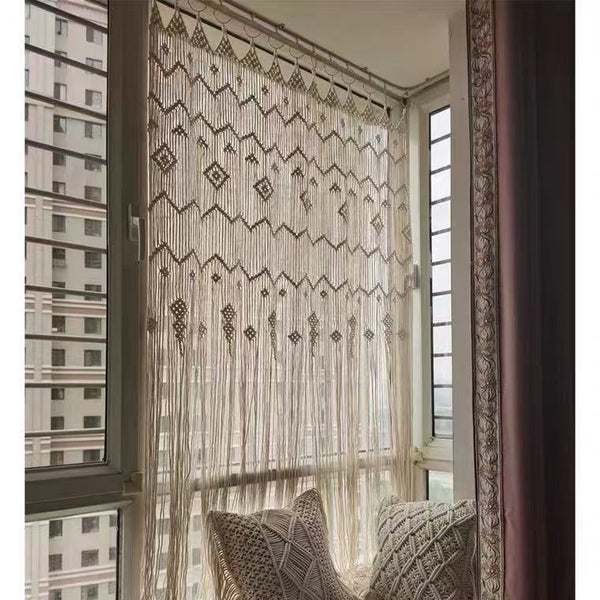 HKM-046931 Hand Woven Bohemian Hoop Door Curtain - Nordic Style Cotton Tapestry, Original White Beige, 85x200 cm