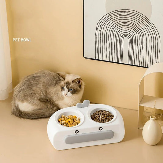 HKM-0469693 Duck Design Pet Double Bowl Tray for Cats and Dogs - Plastic Food and Water Feeder