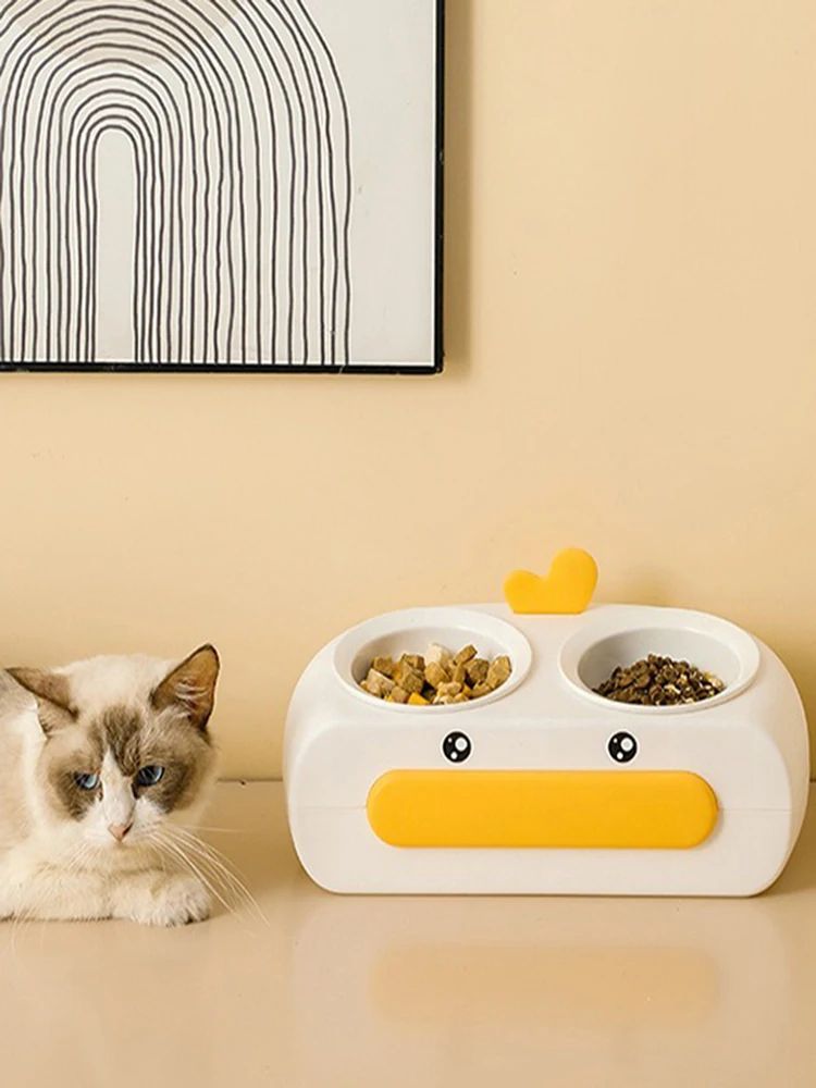 HKM-0469693 Duck Design Pet Double Bowl Tray for Cats and Dogs - Plastic Food and Water Feeder