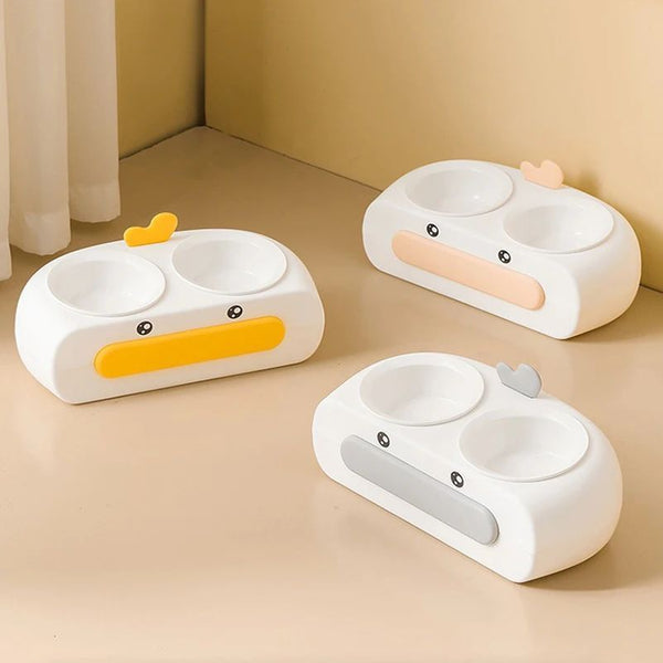 HKM-0469693 Duck Design Pet Double Bowl Tray for Cats and Dogs - Plastic Food and Water Feeder