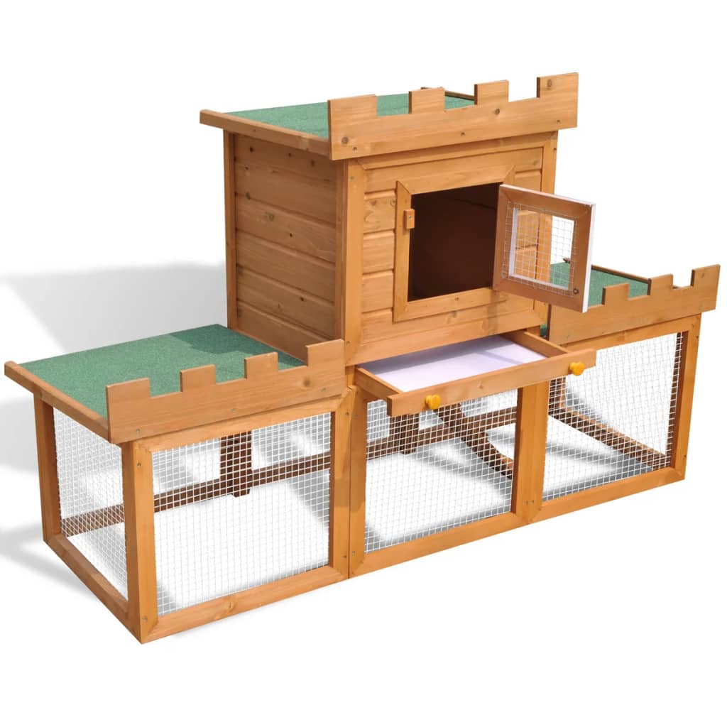 HKM-0482621 Two-Level Rabbit Hutch with Pine Wood Frame and Weather-Resistant Roof, Easy Cleaning Design