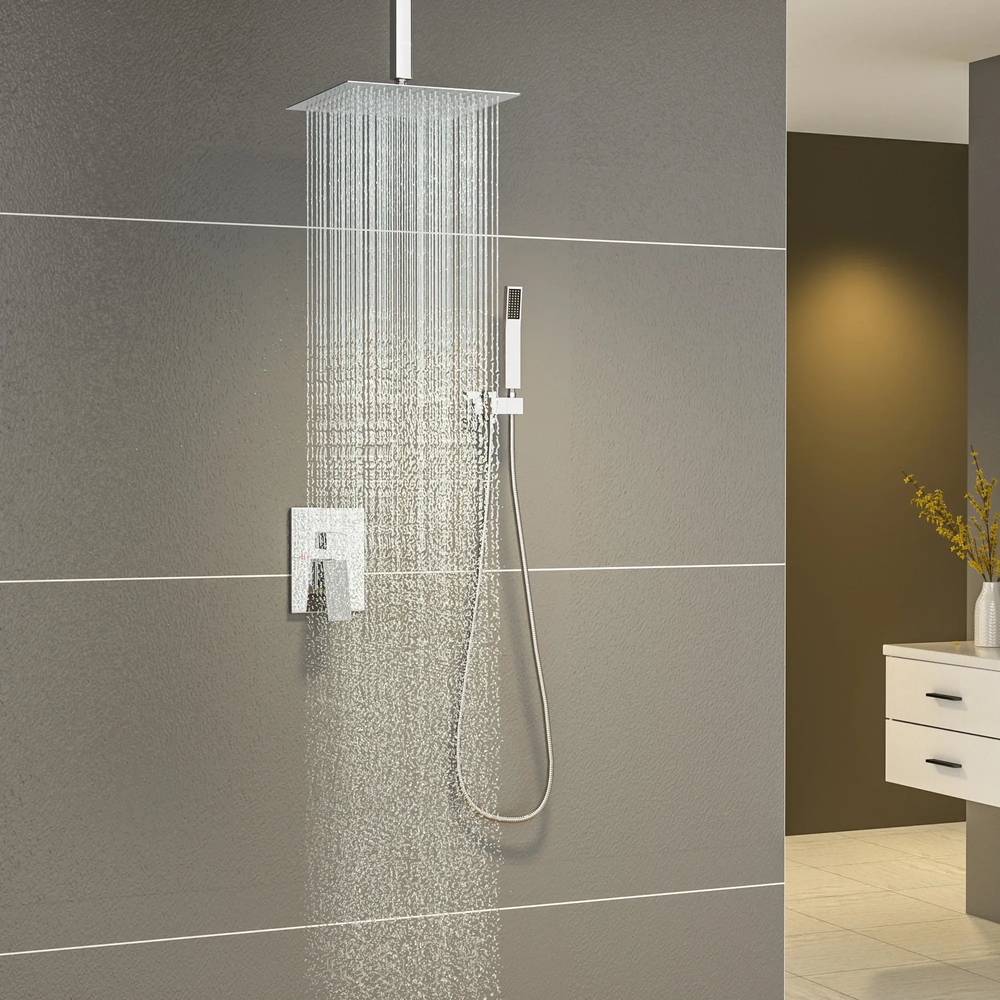 HKM-048403 16-Inch Rainfall Shower Head & Handheld Shower Faucet Combo Set, Ceiling Mounted for Luxurious Bath Experience